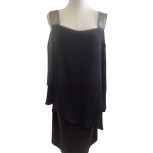 Roz & Ali Plus Size Black Chiffon Rhinestone Strap Ladder Sleeve Party Dress Siz